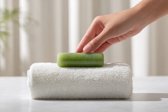 Hand placing a green massaging device on a folded white towel in a light and airy bathroom scene spa day at home wellness