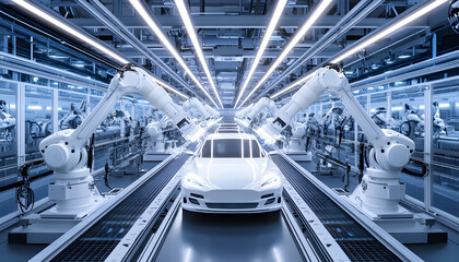Fototapeta premium Automated car production line. Futuristic electric vehicles assembly, robotics tech. Factory automation, industrial process, engineering innovation