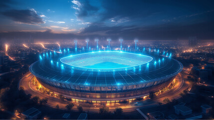 Futuristic stadium glowing at night with vibrant blue lights – aerial cityscape with high-tech arena atmosphere