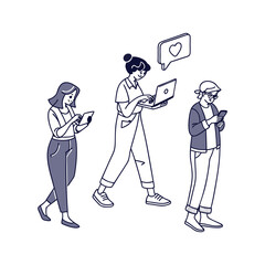 People Using Technology Illustration of Individuals with Smartphones and Laptops