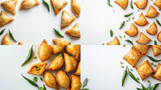 Golden-brown, triangular pastries, arranged in a grid pattern, with green chilies and herbs