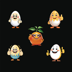 Funny Cartoon Eggs and Orange Characters with Thumbs Up