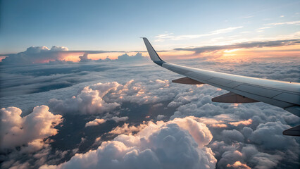 Naklejka premium Airplane Wing Over Clouds at Sunset – Stunning Aerial View from Window Seat During Golden Hour Flight
