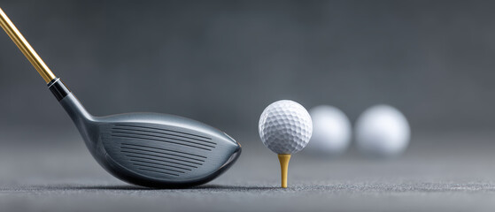 Golf club and ball on tee with blurred background, ready for swing