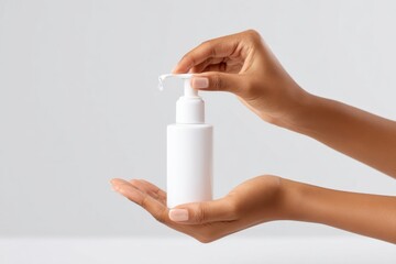 Applying Moisturizer: Close-up of dark-skinned hands dispensing lotion from a white pump bottle promoting skincare and self-care routines