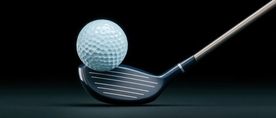 Close up of golf club striking golf ball, highlighting texture and detail of both against dark background