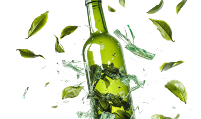 Exploding Green Tea Bottle with Leaves