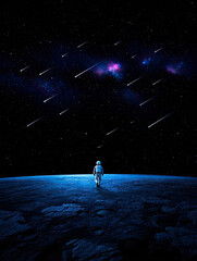 Astronaut walks alone on a desolate, dark blue planet surface, looking up at a vast, stars filled cosmic sky. Numerous bright meteors streak across the dark expanse, with glowing distant nebulae