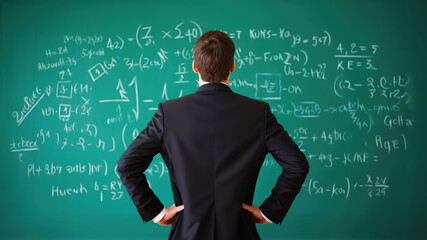 Rear view of a person in a suit stands with hands on hips, facing a green chalkboard filled with complex mathematical equations and formulas. Problem solving and deep contemplation process
