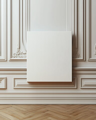 Blank Canvas Frame Against Elegant White Decorative Wall with Wooden Floor