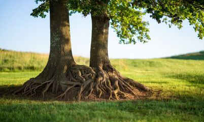 Two trees with massive, intertwined roots stand prominently in a vibrant green field under a clear sky. Symbol of strong connection and partnership, teamwork concept