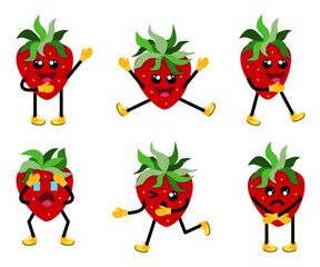 Cute strawberry cartoon illustration vector set in groovy style with happy and sad face with arms and legs in shoes, funny cartoon fruits.