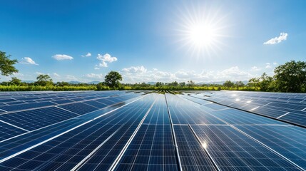 Solar panels under a bright sky
