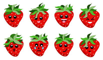 Strawberry cartoon character illustration with smiley face, laughing, sad, crying, and indifferent. Cute illustration vector.