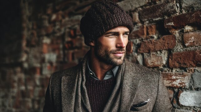 Close-up of a fashionable man in a tweed blazer, knitted sweater, and beanie, standing against a rustic brick wall in warm fall lighting