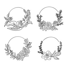 Set of four elegant floral wreaths with various leaves and blossoms in hand-drawn style. Concept represents natural beauty, decorative frame design and botanical harmony