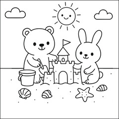 “Bear and Bunny Building Sandcastle Coloring Page – Cute Beach Scene Printable for Kids”
