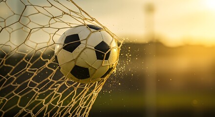 Goal! The Thrilling Moment Soccer Ball in Net at Sunset
