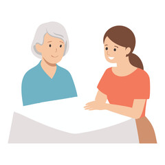 Young woman and elderly woman talking at table isolated on white background