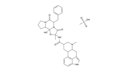 dihydroergotamine mesylate molecule, structural chemical formula, ball-and-stick model, isolated image vasoconstrictor agent