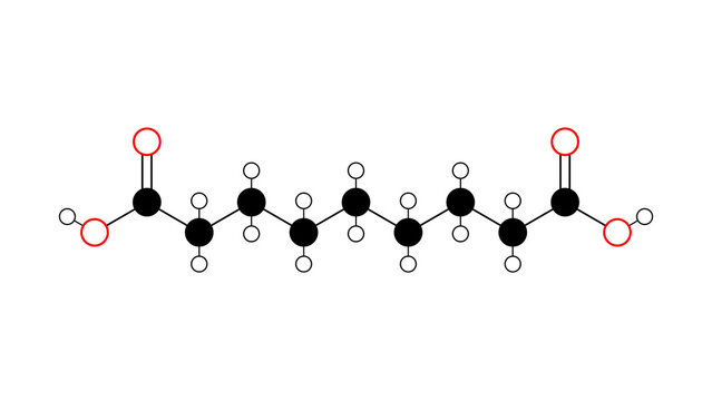 azelaic acid molecule, structural chemical formula, ball-and-stick model, isolated image anti-acne agent