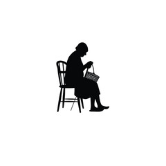 old woman knitting silhouette black on white background
