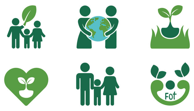 Green family and eco-friendly icons symbolize people, love, and teamwork for a sustainable home environment