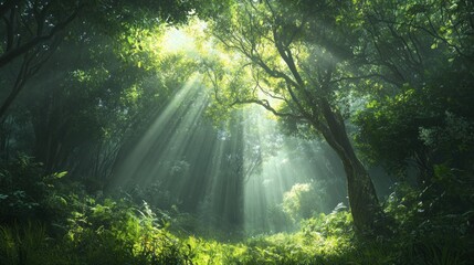 Fototapeta premium Sunlight streams into a dense forest