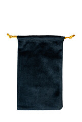 Soft black velvet dice bag with golden drawstrings, perfect for storing RPG dice sets or fantasy...