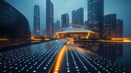 Fototapeta premium A cityscape with a large building in the background and a bridge in the foreground. The city is lit up with neon lights, creating a vibrant and energetic atmosphere
