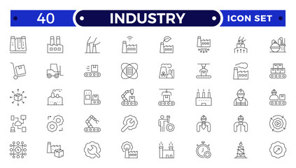 Industry Outline icon. Technology, finance, healthcare, automotive, energy, retail, construction, hospitality, tourism, education, Oil, gas, refinery, petroleum, lubricant, agriculture.
