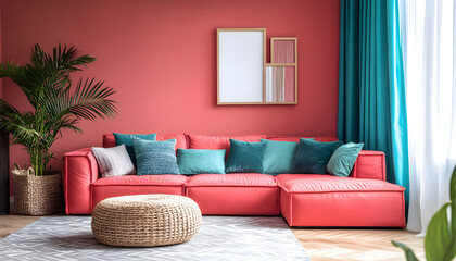Modern interior room illustration. Pink sectional sofa with turquoise pillows, green plants against magenta and turquoise walls. Bright sunlight from window. Cozy rug on floor