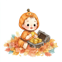 Child in pumpkin costume explores treasure chest filled with coins among colorful autumn leaves