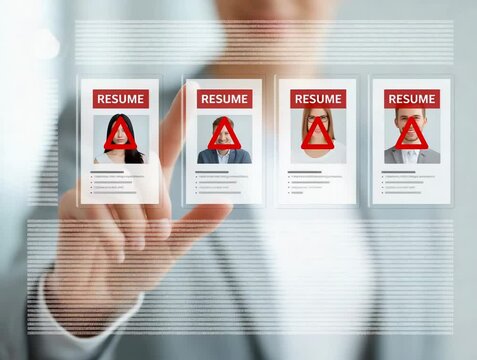 A digital resume interface displayed on a sleek transparent screen in a corporate tech environment. The system scans resumes rejects automatic woman hand background. 