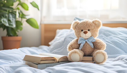 Cute brown teddy bear sitting atop stacked books on bed. Bedroom interior with soft blankets, pillow. Concept of comfort, reading, education