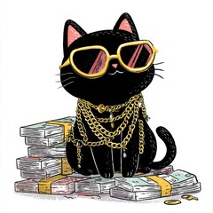 Black cat with sunglasses and gold chains sitting on stacks of cash in a playful pose