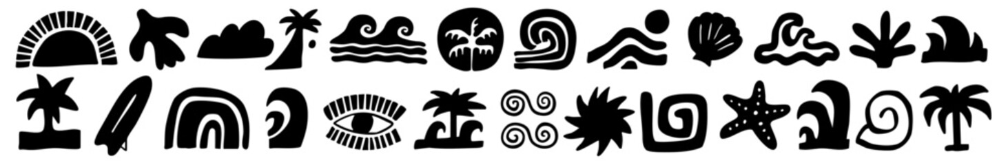 Black and white vector set of abstract summer doodles, organic shapes and forms. Hand drawn Matisse ocean collection. Modern elements in trendy minimalist style for social media banners