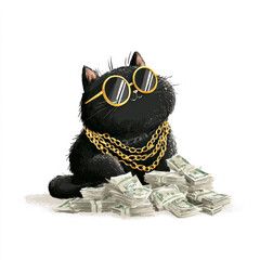 Stylish black cat wearing sunglasses sits among stacks of cash with gold chains in a playful setting