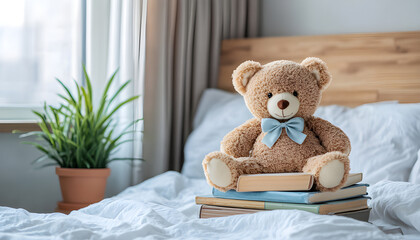 Cute brown teddy bear sitting atop stacked books on bed. Bedroom interior with soft blankets, pillow. Concept of comfort, reading, education