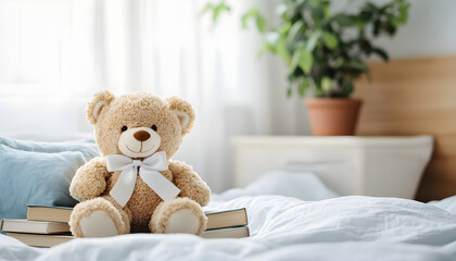 Cute brown teddy bear sitting atop stacked books on bed. Bedroom interior with soft blankets, pillow. Concept of comfort, reading, education
