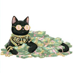 Black cat wearing sunglasses lounges on a pile of money and gold jewelry in a whimsical setting