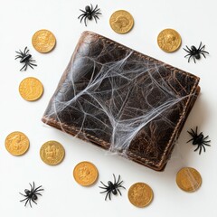 Decorative wallet surrounded by gold coins and artificial spiders for Halloween celebration in a cozy indoor setting
