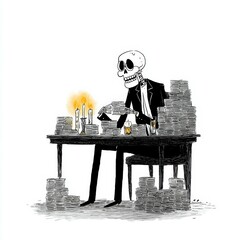 Skeleton reading book at desk surrounded by piles of paper and candles in a dimly lit space