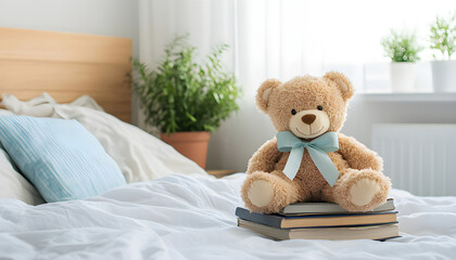 Cute brown teddy bear sitting atop stacked books on bed. Bedroom interior with soft blankets, pillow. Concept of comfort, reading, education