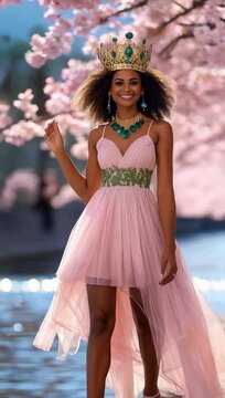 A beautiful African American princess wearing a pink and green dress smiling at the camera standing under pink cherry blossom trees
