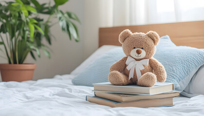 Cute brown teddy bear sitting atop stacked books on bed. Bedroom interior with soft blankets, pillow. Concept of comfort, reading, education