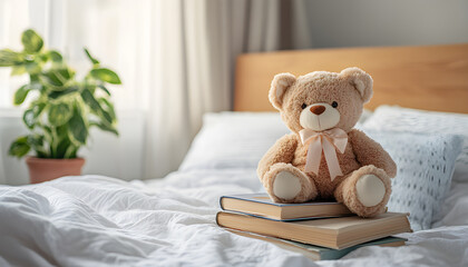 Cute brown teddy bear sitting atop stacked books on bed. Bedroom interior with soft blankets, pillow. Concept of comfort, reading, education