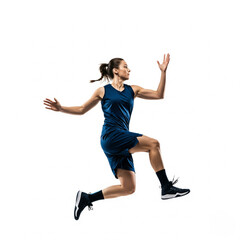 Obraz premium Athletic Woman in Action Basketball Player Jumps on White Background 