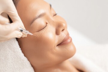 Asian woman receiving a cosmetic procedure A gloved hand injects filler near her eye Gentle approach to facial rejuvenation