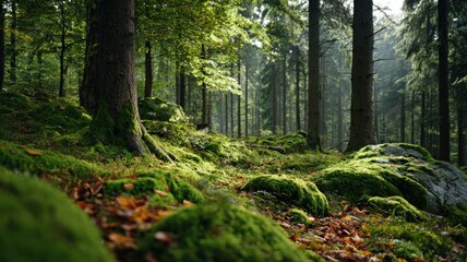 Obraz premium Lush green forest floor covered in vibrant moss and fallen leaves, dappled sunlight filtering through the canopy